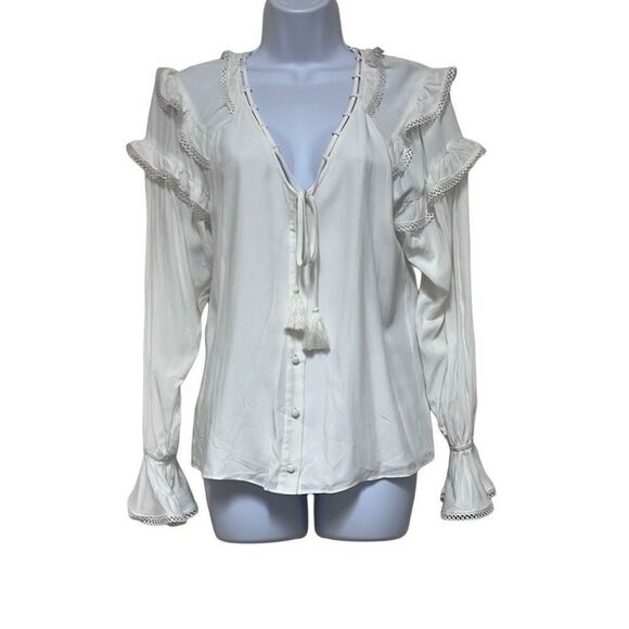 Parker White Ivory Button Up Blouse Ruffles Tassels Bell Sleeves NWOT Small Boho - Picture 1 of 9
